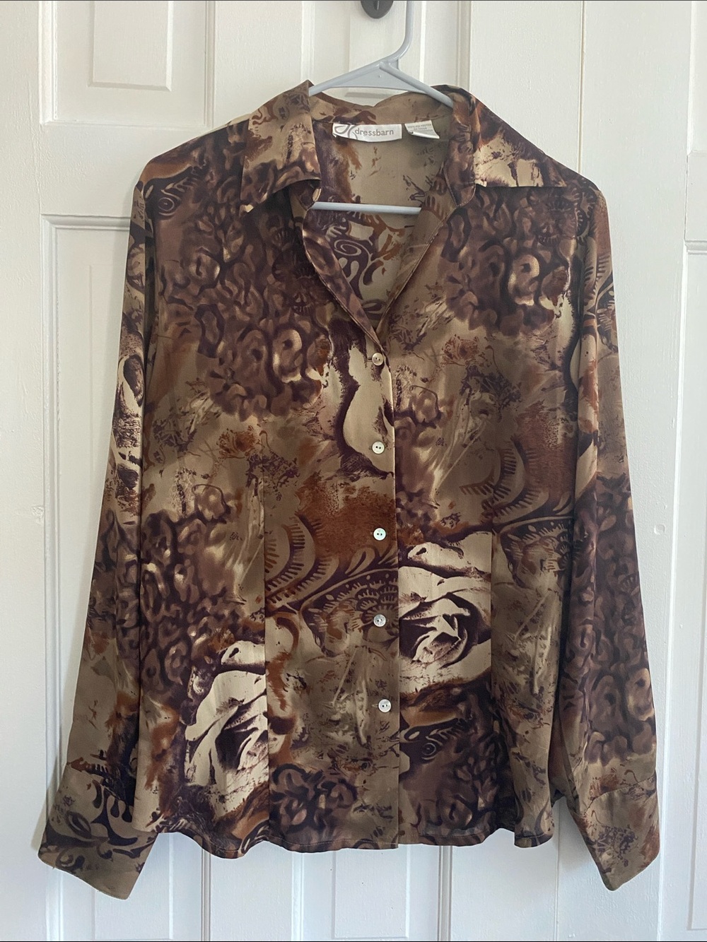 dressbarn Brown and Tan Floral Print Button-Up Blouse